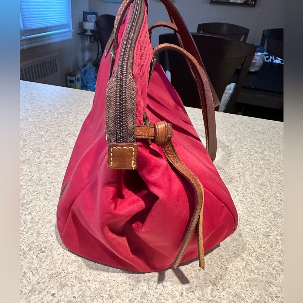 Vintage Dooney & Bourke Victoria Nylon Tote, Red w/ hot pink interior, leather - Picture 14 of 16